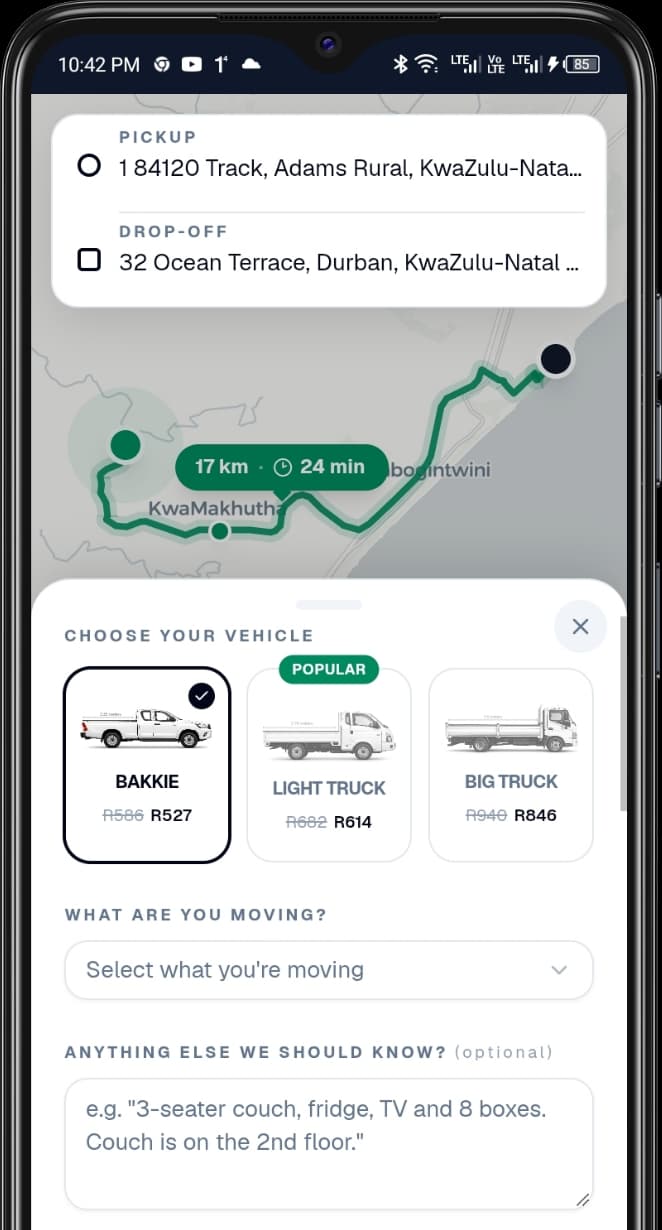 Zorq booking interface showing locations and vehicle selection