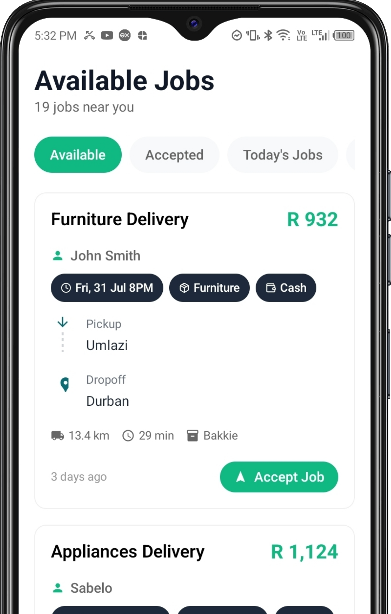 Available jobs on Zorq driver app